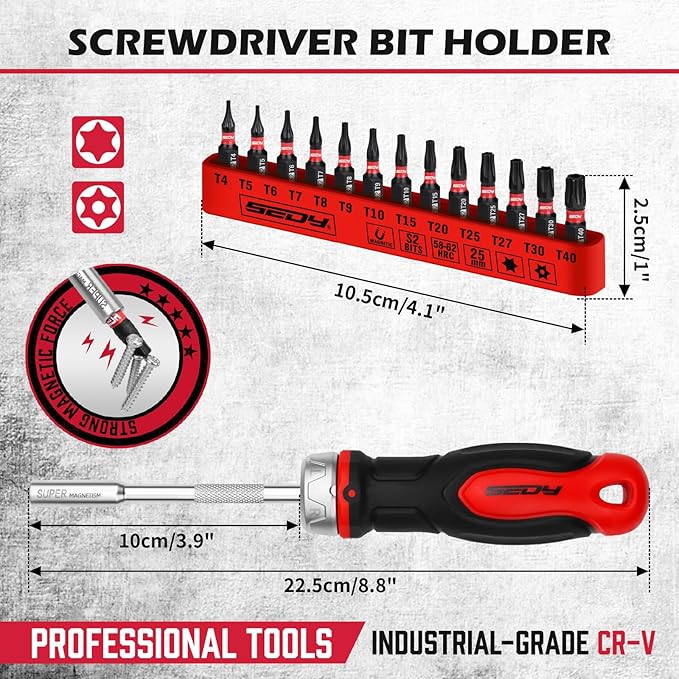 4-Piece 1/4″ Magnetic Ratcheting Screwdriver Bit Set, T4-T40 Torx Bit Set with 1/4 inch Magnetic Bits Driver Multi-bit Ratchet Screw Drivers for Garage, Home, Work, DIY Repair